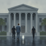 A somber scene outside a federal courthouse, featuring a man in a suit walking towa — Arthur Young child exploitation plea