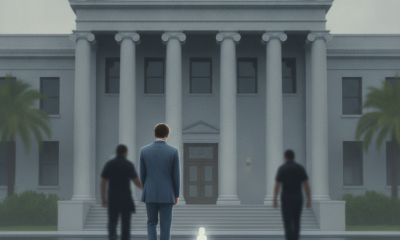 A somber scene outside a federal courthouse, featuring a man in a suit walking towa — Arthur Young child exploitation plea