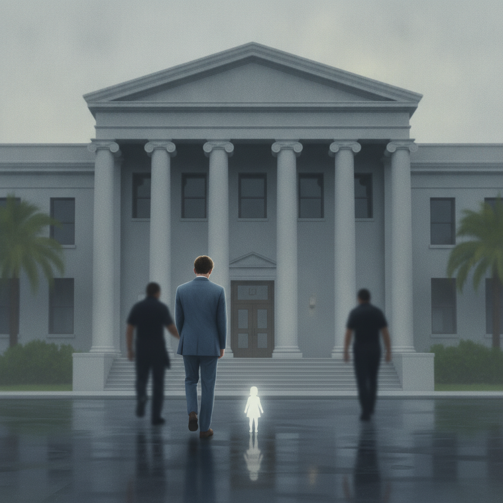A somber scene outside a federal courthouse, featuring a man in a suit walking towa — Arthur Young child exploitation plea
