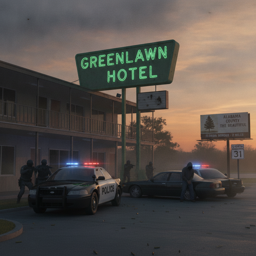Police vehicles respond to an armed robbery at the Greenlawn Hotel in Atmore, Alabama, with o — Atmore hotel armed robbery