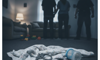 A dark living room scene showing a blanket, scissors, and suspected drugs on the floor, with two — Atmore Parents Arrested