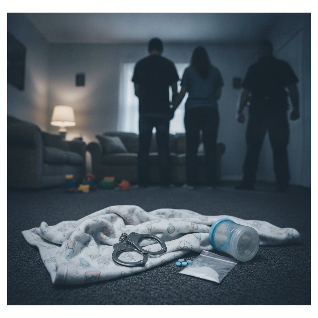 A dark living room scene showing a blanket, scissors, and suspected drugs on the floor, with two — Atmore Parents Arrested