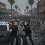 Two police officers arrest a suspect in a hoodie as a crowd flees down a street lined with palm t — Atmore Shooting Arrest