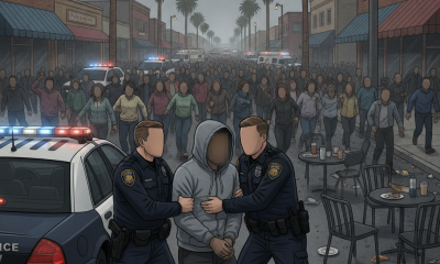 Two police officers arrest a suspect in a hoodie as a crowd flees down a street lined with palm t — Atmore Shooting Arrest