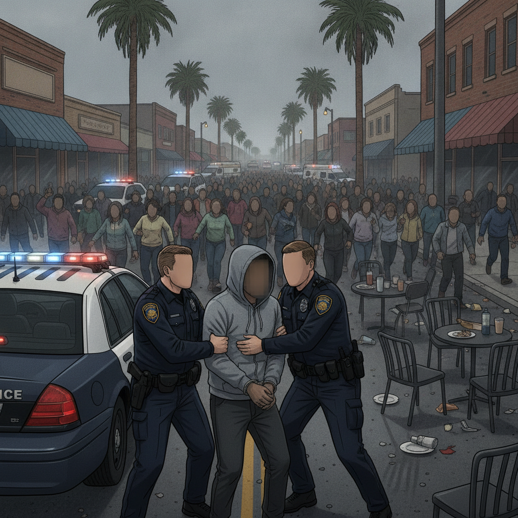 Two police officers arrest a suspect in a hoodie as a crowd flees down a street lined with palm t — Atmore Shooting Arrest
