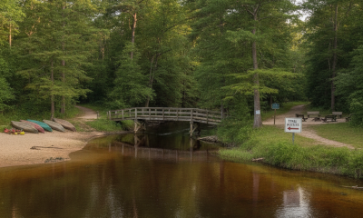 Serene view of Blackwater River State Forest with a wooden bridge, canoes, and — Blackwater River State Forest conditions