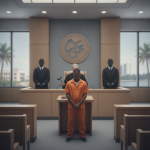 A man in an orange jumpsuit stands in a courtroom, facing a judge with a gavel, flanked by — Bobby Womack DeFuniak Springs