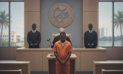 A man in an orange jumpsuit stands in a courtroom, facing a judge with a gavel, flanked by — Bobby Womack DeFuniak Springs