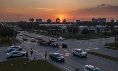 Emergency responders at sunset clearing a crash scene on Brent Lane in Pensacola, with vehicl — brent lane crash pensacola