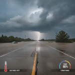 Flooded highway with cars submerged, dark storm clouds overhead, indicating high heat ind — Cantonment FL weather forecast