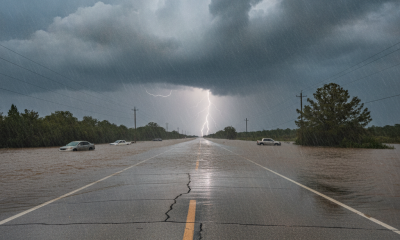 Flooded highway with cars submerged, dark storm clouds overhead, indicating high heat ind — Cantonment FL weather forecast