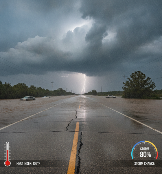 Flooded highway with cars submerged, dark storm clouds overhead, indicating high heat ind — Cantonment FL weather forecast