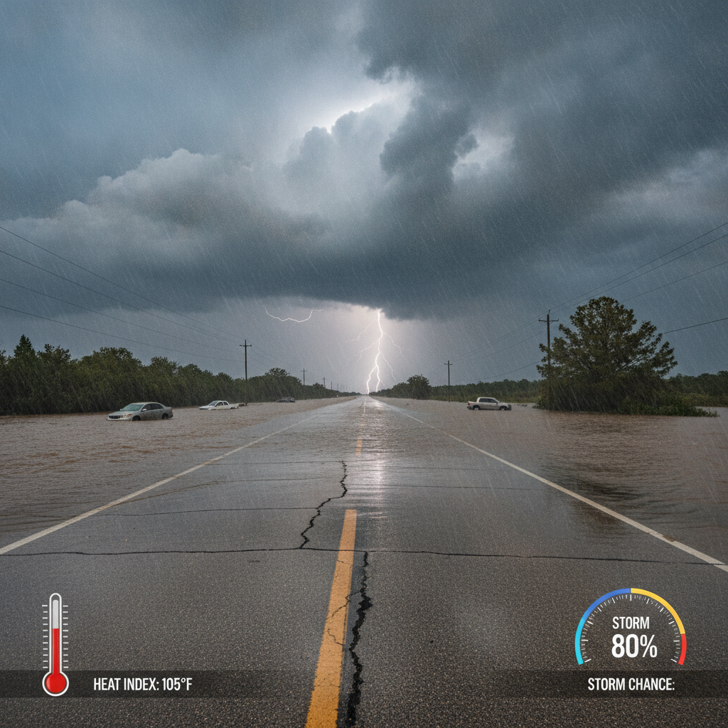 Flooded highway with cars submerged, dark storm clouds overhead, indicating high heat ind — Cantonment FL weather forecast