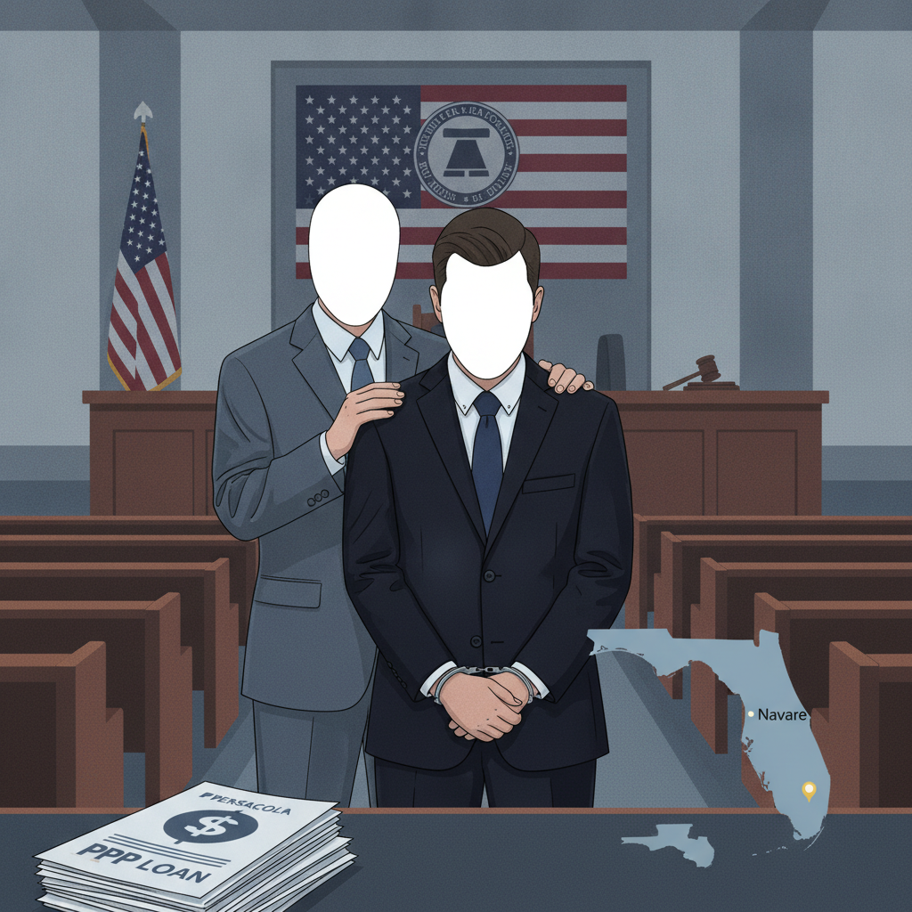 Legal gavel and court documents tied to the Navarre man PPP fraud Pensacola case.