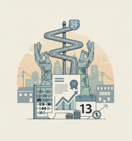 Illustration depicting hands holding a winding road sign for Century Highw — Century Florida Highway 29 utility relocation