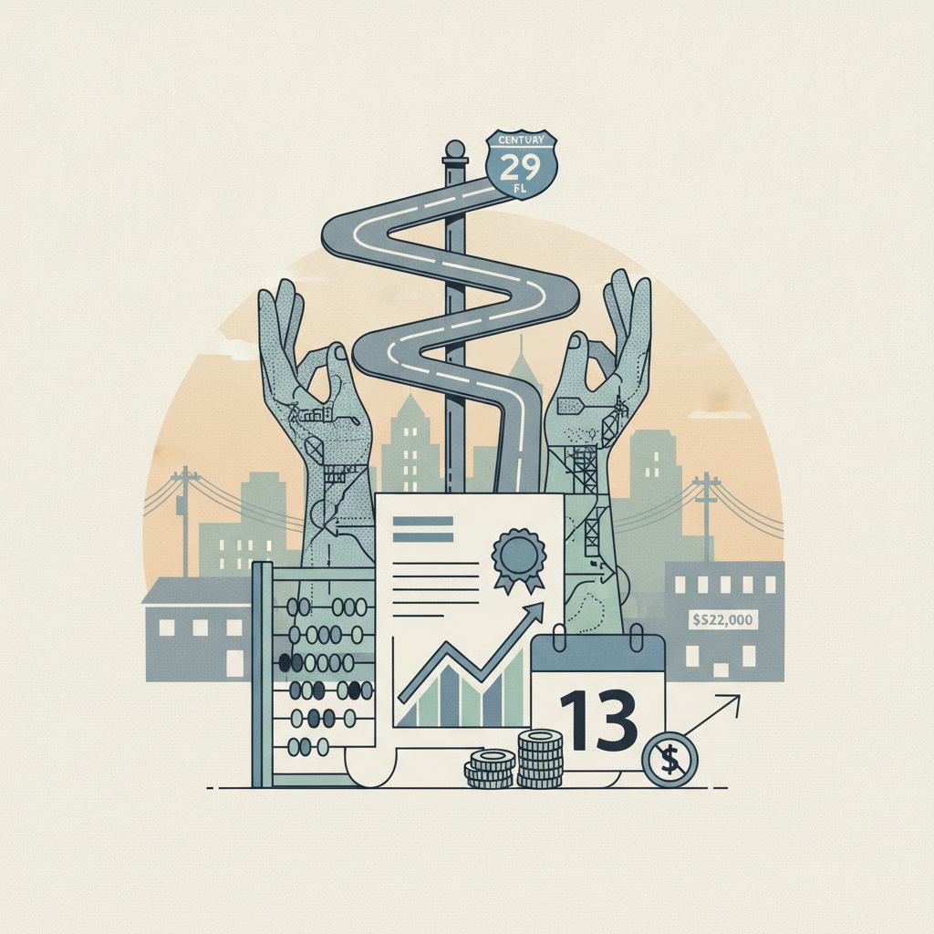 Illustration depicting hands holding a winding road sign for Century Highw — Century Florida Highway 29 utility relocation