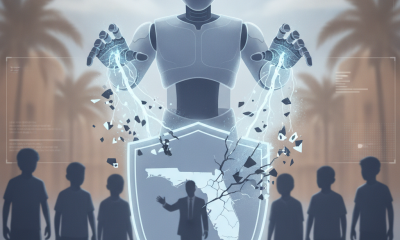 A futuristic robot manipulating a shield with the outline of Florida, surrounded by silhouettes of children, symbolizing c…