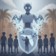 A futuristic robot manipulating a shield with the outline of Florida, surrounded by silhouettes of children, symbolizing c…