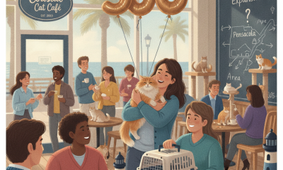 Celebration at Coastal Cat Cafe in Pensacola with people, cats, and a '500' balloon marking t — coastal cat cafe pensacola