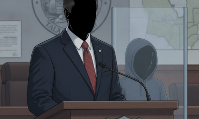 Un hombre en traje habla en un tribunal, con un fondo de mapa y documentos, mientras u — Michael R Foster DeFuniak Springs