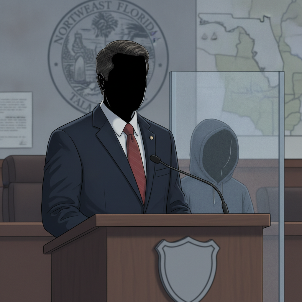 Un hombre en traje habla en un tribunal, con un fondo de mapa y documentos, mientras u — Michael R Foster DeFuniak Springs