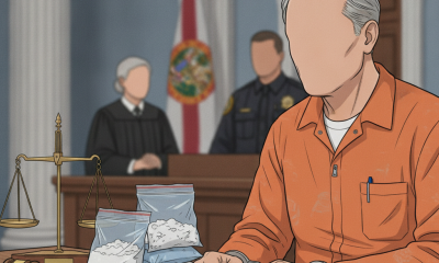 A man in an orange prison jumpsuit sits at a table with bags of drugs, facing a courtroom — tráfico de drogas en Florida