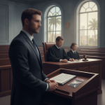 A courtroom scene with a man in a suit standing at a podium, judges seat — convicted felon sentenced ammunition possession
