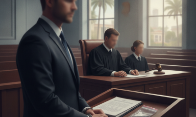 A courtroom scene with a man in a suit standing at a podium, judges seat — convicted felon sentenced ammunition possession