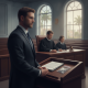 A courtroom scene with a man in a suit standing at a podium, judges seat — convicted felon sentenced ammunition possession