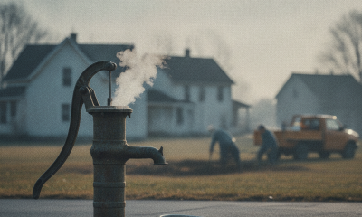 A vintage water pump emits steam in a rural setting, with workers and a truck — Cottage Hill Water Works Boil Water Notice