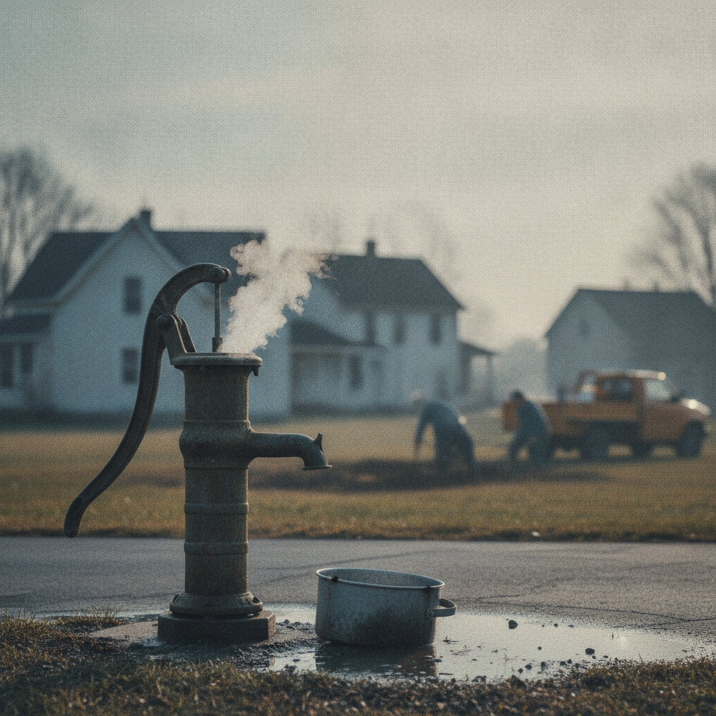 A vintage water pump emits steam in a rural setting, with workers and a truck — Cottage Hill Water Works Boil Water Notice