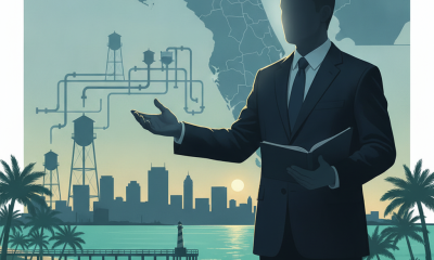 Silhouette of a man in a suit gesturing towards a city skyline with water infrastructure elements and — Dale Perkins ECUA