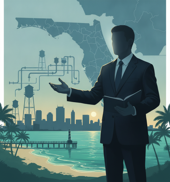 Silhouette of a man in a suit gesturing towards a city skyline with water infrastructure elements and — Dale Perkins ECUA