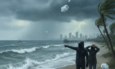 Two figures in raincoats point towards a stormy sea with lightning, while ice pellets fal — alerta meteorologica pensacola