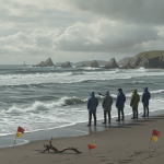 Group of people observing rough waves on a beach with warning flags, indicating dangerous — corrientes de resaca Escambia