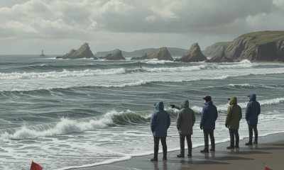 Group of people observing rough waves on a beach with warning flags, indicating dangerous — corrientes de resaca Escambia