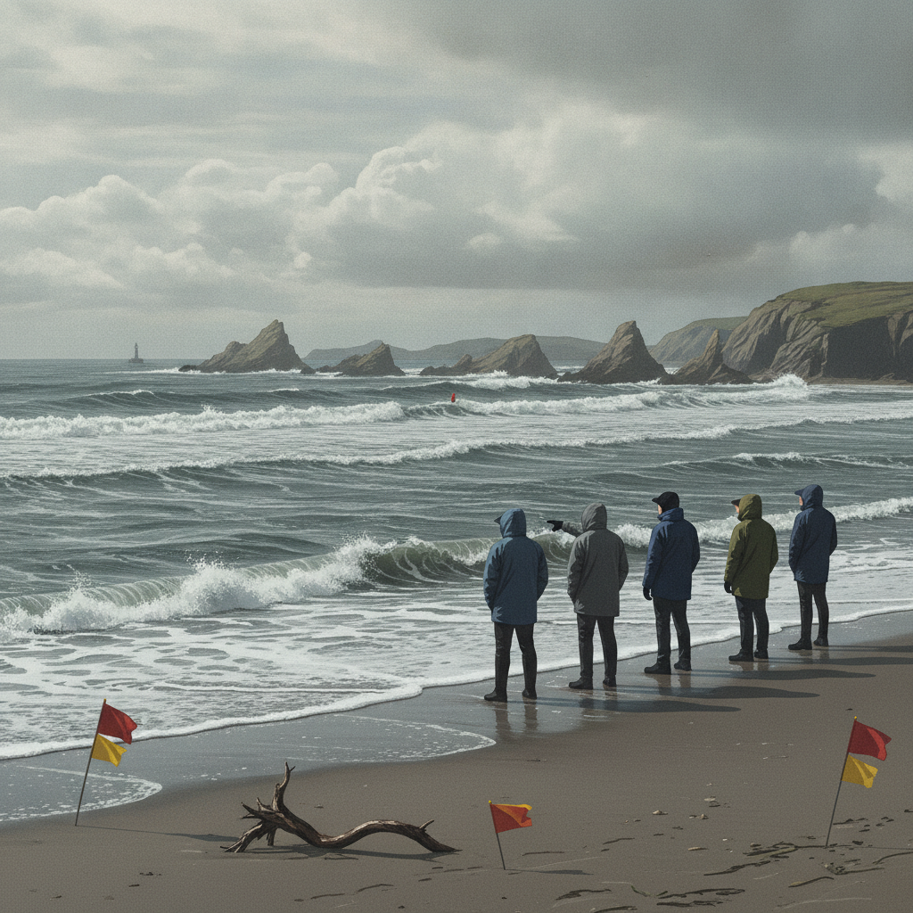 Group of people observing rough waves on a beach with warning flags, indicating dangerous — corrientes de resaca Escambia