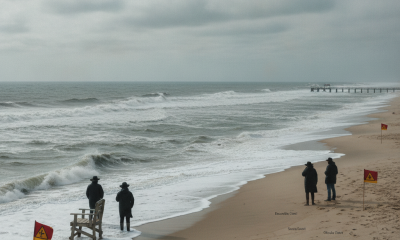 Lifeguards and beachgoers stand on a sandy beach with warning flags near rough ocean waves — corrientes de resaca Escambia