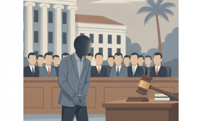 A courtroom scene depicting a man in handcuffs walking past a judge's b — DeFuniak Springs man guilty attempted enticement