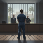 Un hombre en uniforme azul de prisión se enfrenta a un tribunal, con dos figuras en trajes formales — Devin Scott Waldeck