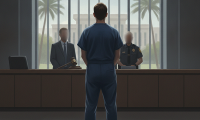 Un hombre en uniforme azul de prisión se enfrenta a un tribunal, con dos figuras en trajes formales — Devin Scott Waldeck
