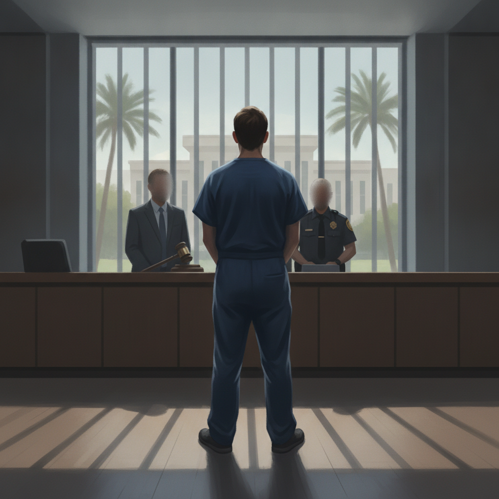 Un hombre en uniforme azul de prisión se enfrenta a un tribunal, con dos figuras en trajes formales — Devin Scott Waldeck