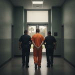 A man in an orange jumpsuit is escorted by two officers in uniform down a corridor. — Devin Scott Waldeck