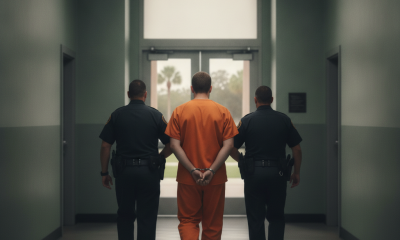 A man in an orange jumpsuit is escorted by two officers in uniform down a corridor. — Devin Scott Waldeck