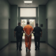 A man in an orange jumpsuit is escorted by two officers in uniform down a corridor. — Devin Scott Waldeck