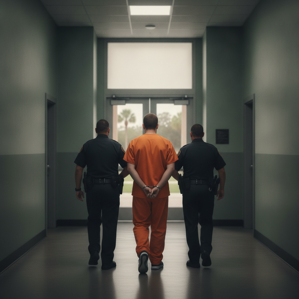 A man in an orange jumpsuit is escorted by two officers in uniform down a corridor. — Devin Scott Waldeck