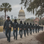A group of individuals in dark hoodies walking in a line near a government buildin — immigration arrests northwest florida