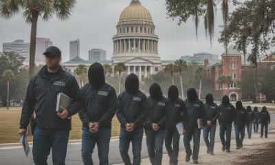 A group of individuals in dark hoodies walking in a line near a government buildin — immigration arrests northwest florida