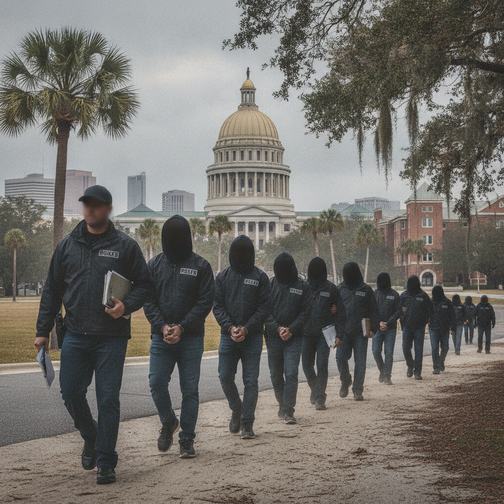 A group of individuals in dark hoodies walking in a line near a government buildin — immigration arrests northwest florida