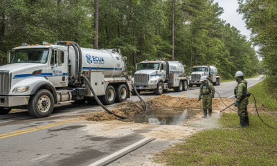ECUA crews working to contain a sewage spill on East Kingsfield Road with vacuum — ECUA sewage spill East Kingsfield Road